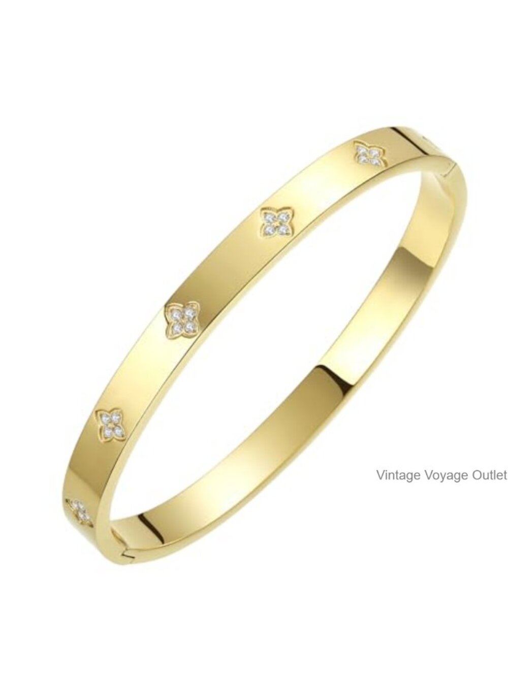 Gold Plated Four Leaf Clover Bangle Bracelet Stainless Steel CZ